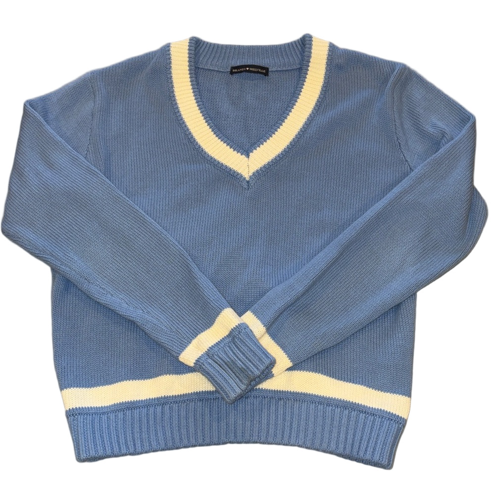 Brandy Melville Woman’s S Blue & White V-Neck Cropped Knit Sweater